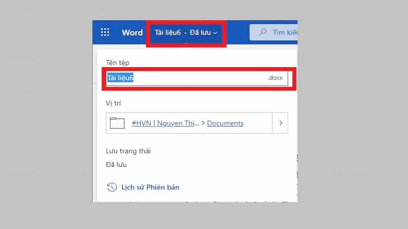 Thao tác đổi tên file tài liệu trong giao diện Microsoft Word 365
