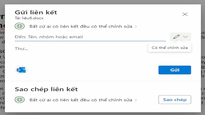 Cửa sổ tùy chọn chia sẻ file Word qua liên kết hoặc email
