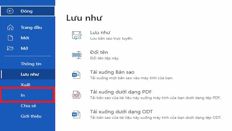 Tùy chọn in ấn tài liệu trong menu Tệp (File) của Microsoft Word