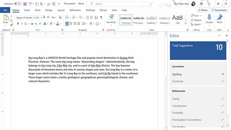 Tính năng Microsoft Editor giúp kiểm tra chính tả và ngữ pháp nâng cao trong Word