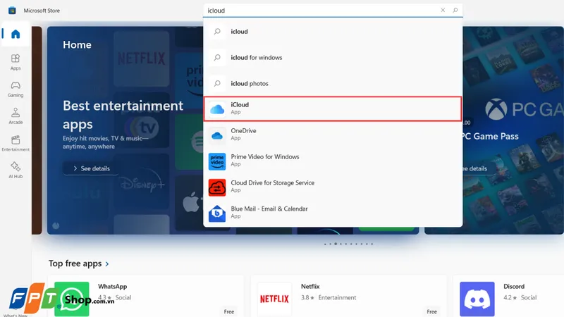 Tìm kiếm ứng dụng iCloud cho Windows trên Microsoft Store