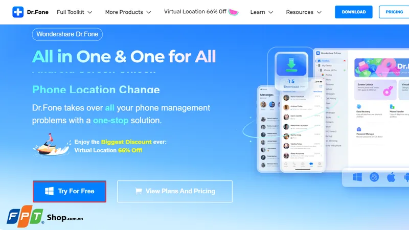 Tải phần mềm Dr.Fone từ trang chủ để thực hiện cách tải ảnh từ icloud về máy tính