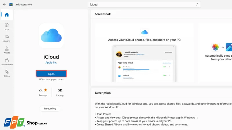 Giao diện ứng dụng iCloud cho Windows trên Microsoft Store