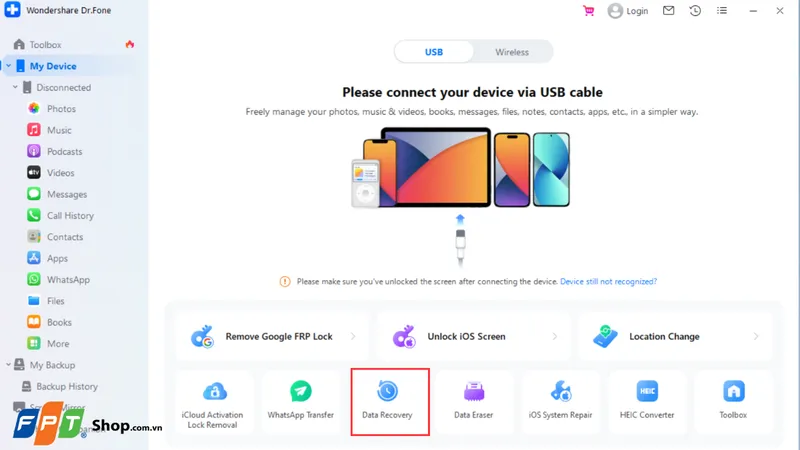 Chọn tính năng Data Recovery để phục hồi ảnh từ iCloud