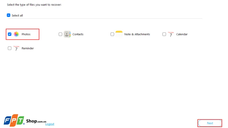 Chọn mục Photos và các dữ liệu cần sao lưu để chuẩn bị tải ảnh từ icloud về máy tính