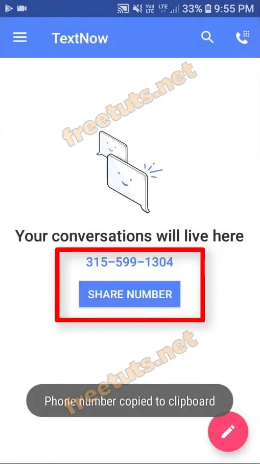 Màn hình ứng dụng TextNow đã được kích hoạt thành công