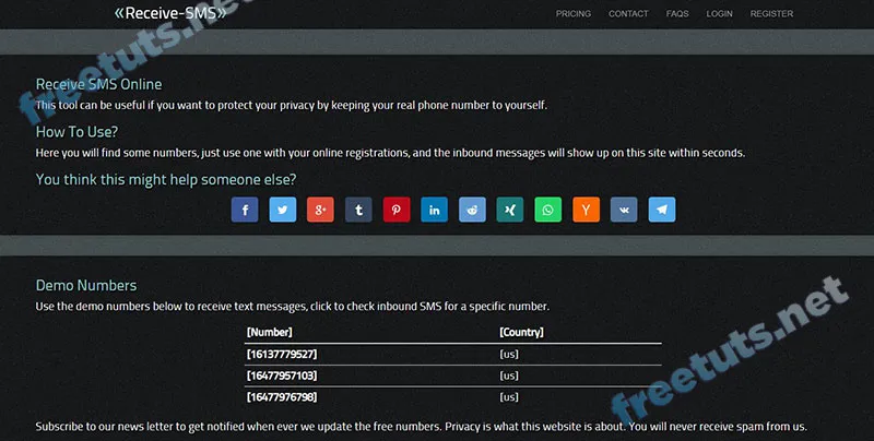 Giao diện trang web Receive - SMS