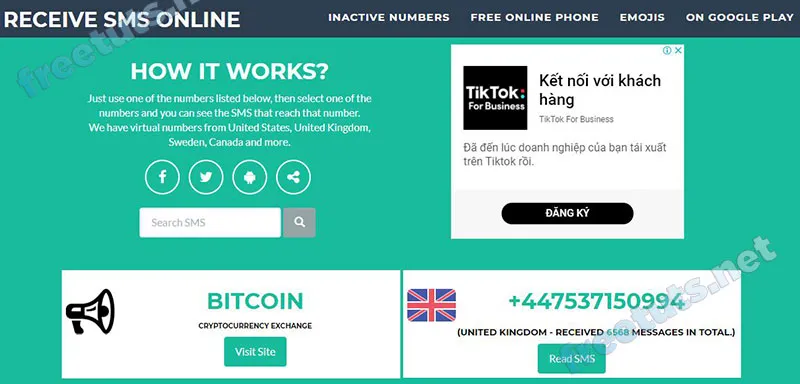 Giao diện tạo số điện thoại ảo với Receive SMS Online