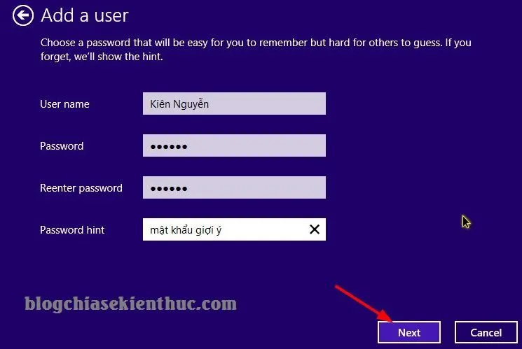 Nhập thông tin tên và mật khẩu để hoàn tất cách tạo user trên máy tính với Local Account
