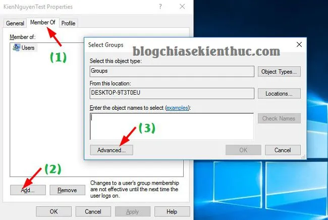 Phân quyền Administrator cho user mới trong Computer Management bằng cách chọn Find Now
