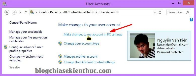 Giao diện User Accounts trong Control Panel để tạo user mới trên máy tính Windows 8
