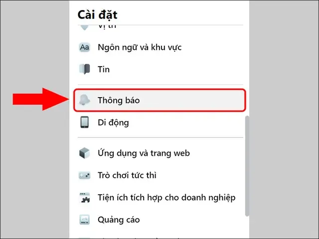 Giao diện cài đặt thông báo Facebook trên máy tính