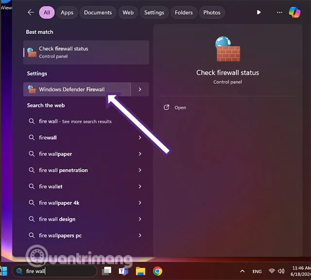 Mở ứng dụng Windows Defender Firewall từ thanh tìm kiếm trên Windows 11