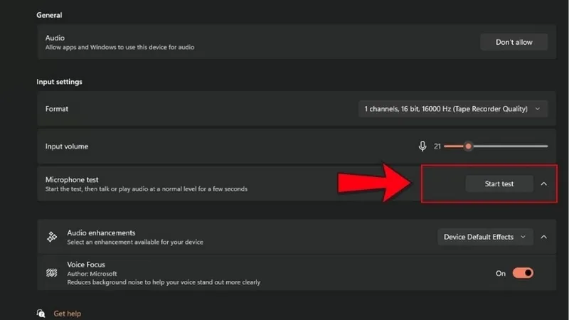 Nút Start Test Microphone Trong Cài Đặt Âm Thanh Windows