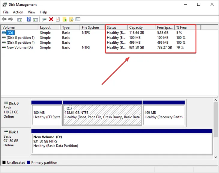 Giao diện Disk Management hiển thị chi tiết các phân vùng và dung lượng trống