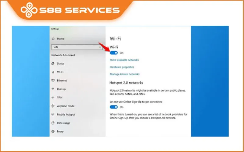 Hướng dẫn bật Wi-Fi trong phần Cài đặt Mạng (Network & Internet Settings) của Windows 10