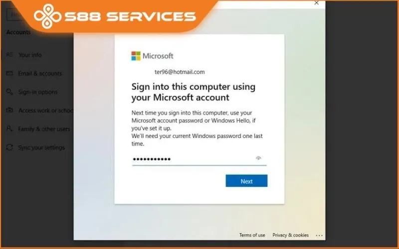 Nhập mật khẩu tài khoản Microsoft để thiết lập quyền đăng nhập và đồng bộ dữ liệu bảo mật