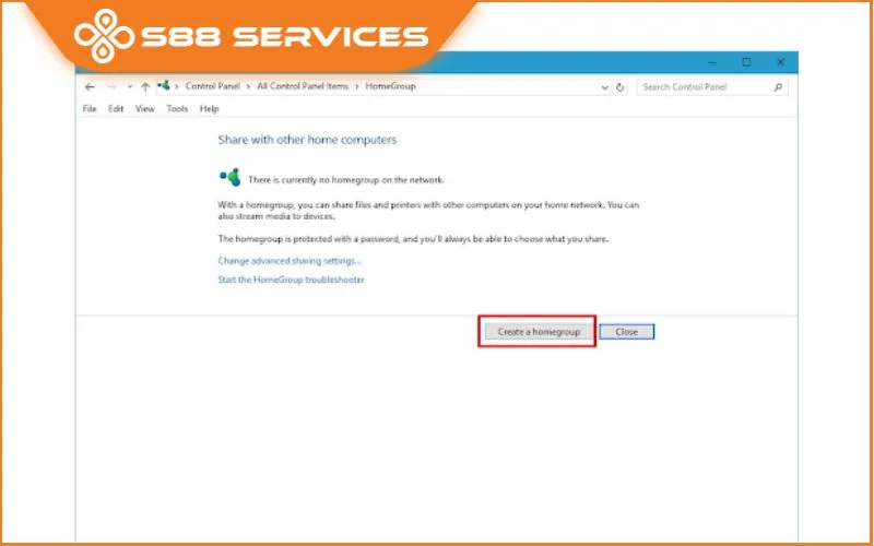 Giao diện Create a homegroup trong Windows 10 để cài đặt mạng chia sẻ nội bộ