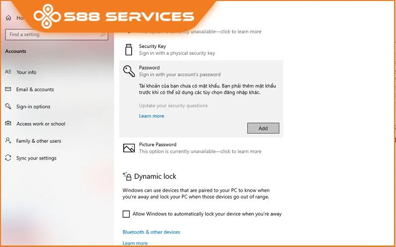 Giao diện Sign-in options, nhấn Add để tạo mới mật khẩu đăng nhập cho tài khoản Local