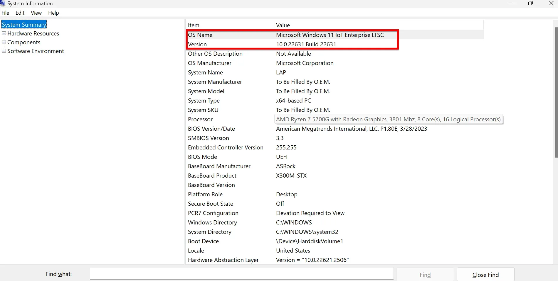 Cửa sổ System Information cung cấp chi tiết OS Name và Version của Windows
