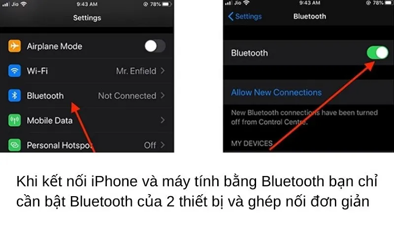 Biểu tượng Bluetooth đang được kích hoạt trên iPhone để kết nối không dây với máy tính