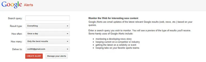 Giao diện thiết lập thông báo và các tùy chọn nâng cao trên Google Alerts