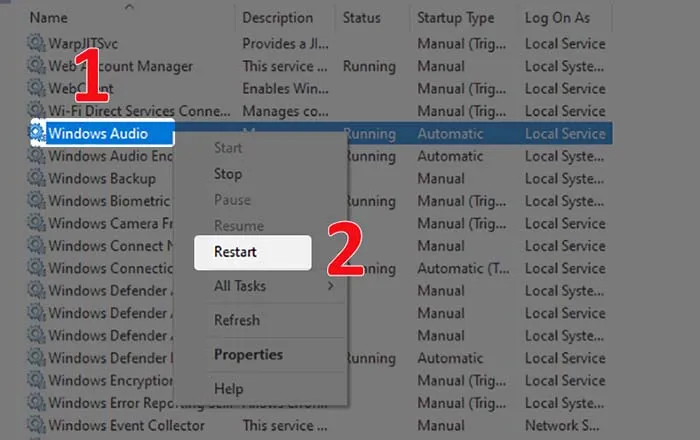 Khởi động lại dịch vụ Windows Audio trong Services.msc để sửa lỗi mất âm thanh hệ thống