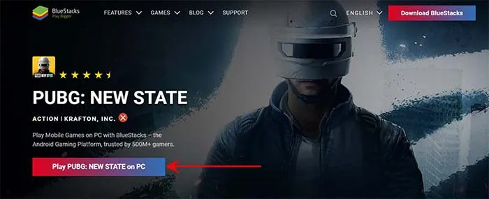 Giao diện trang chủ BlueStacks, nhấn nút để bắt đầu tải phần mềm giả lập hỗ trợ chơi PUBG New State trên máy tính