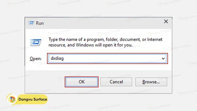 Hướng dẫn nhập lệnh dxdiag vào hộp thoại Run để mở thông tin cấu hình hệ thống