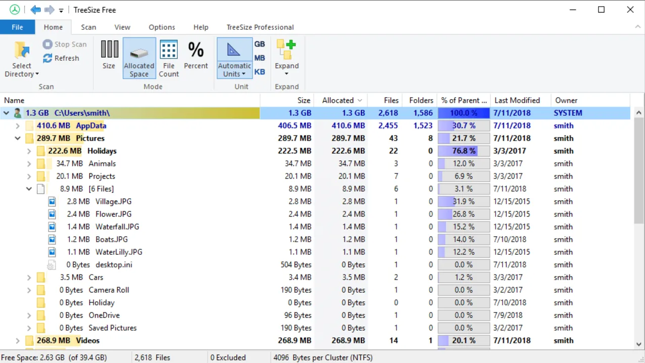 Biểu đồ hình tròn và thanh thể hiện dung lượng lưu trữ trên OneDrive máy tính