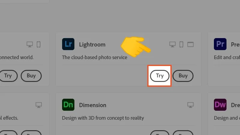 Kéo xuống thấy biểu tượng Lightroom, tiếp tục chọn Try
