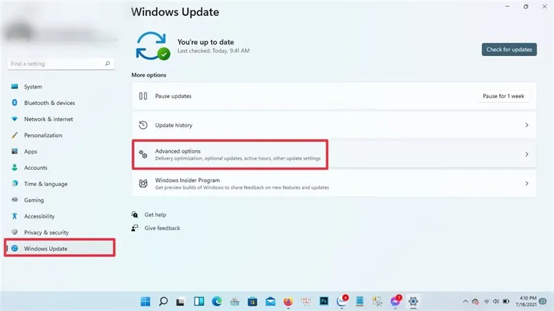 Chọn Windows Update và Advanced Options để tìm tùy chọn phục hồi
