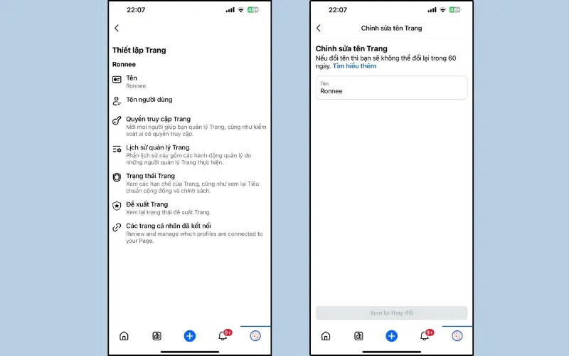 Vào thiết lập trang và chọn đổi tên trên điện thoại