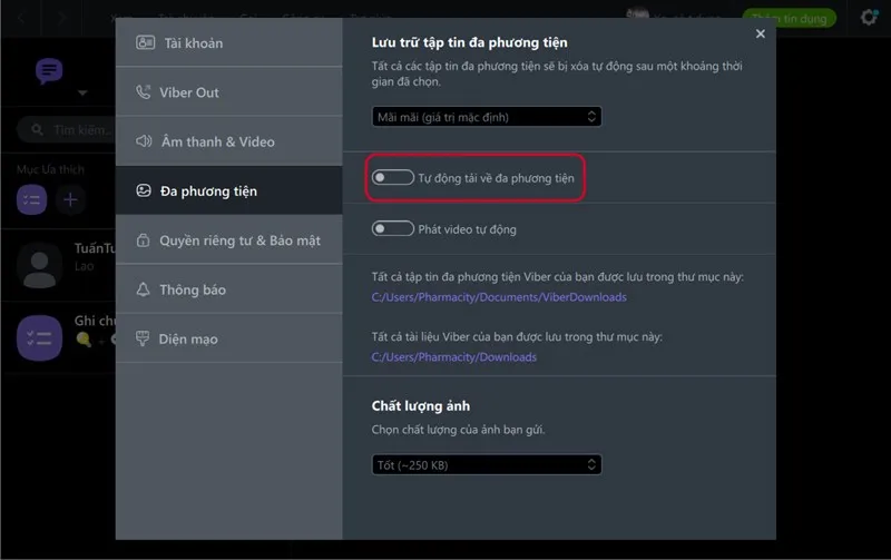 Tắt tính năng Tự động tải về đa phương tiện trên Viber máy tính để tiết kiệm băng thông