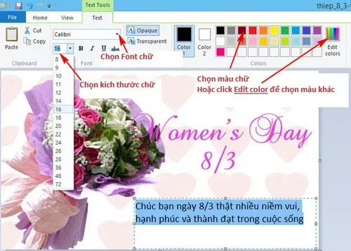 Chỉnh sửa kích thước, định dạng chữ và màu sắc trong Paint