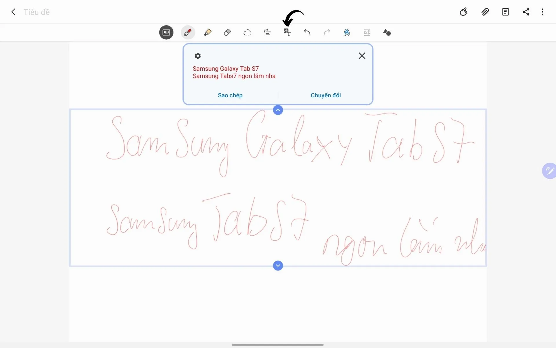 Minh họa tính năng chuyển đổi chữ viết tay sang văn bản trong ứng dụng Samsung Notes trên Galaxy Tab