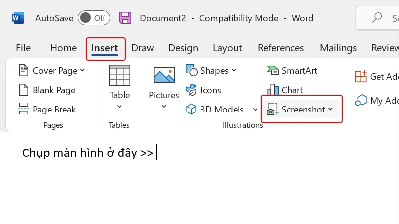 Giao diện Microsoft Word 2019, minh họa vị trí menu Insert và tùy chọn Screenshot để chụp màn hình.