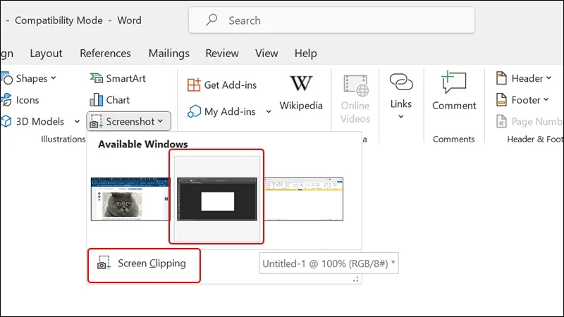 Hộp thoại Screenshot trong Word, hiển thị hai tùy chọn chính Available Windows và Screen Clipping.