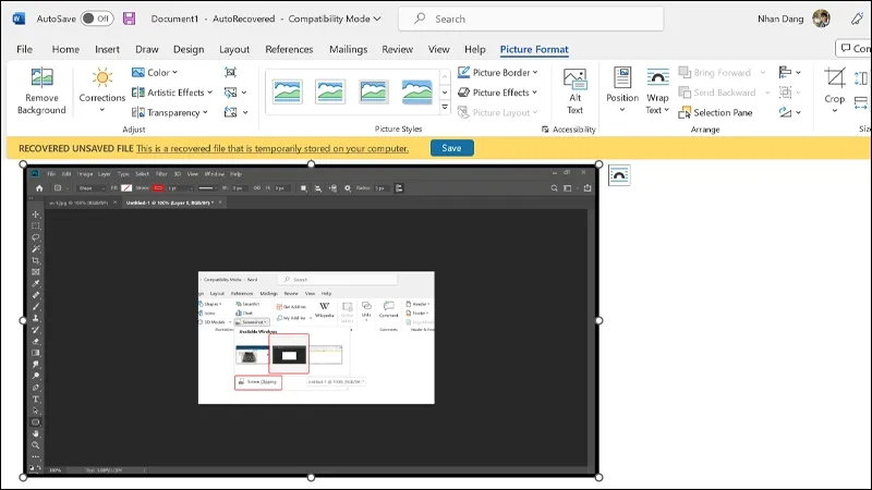 Minh họa cách chụp ảnh màn hình toàn bộ cửa sổ ứng dụng đang mở bằng tính năng Available Windows trong Word.