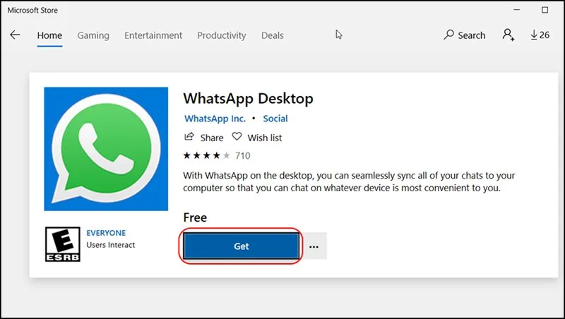 Giao diện Microsoft Store với nút "Get" hoặc "Tải Miễn Phí" để tải WhatsApp