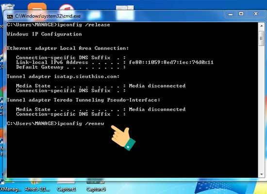 Thực hiện lệnh ipconfig /renew để cấp phát lại địa chỉ IP mới