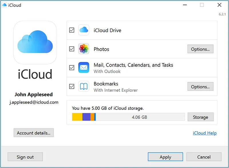 Cửa sổ cài đặt iCloud cho Windows để chọn đồng bộ Mail, Ảnh và Drive
