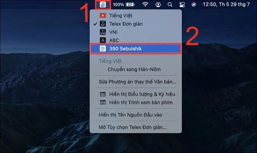 Giao diện tùy chọn ngôn ngữ trên thanh menu Mac để chuyển sang bàn phím tiếng Hàn nhanh chóng