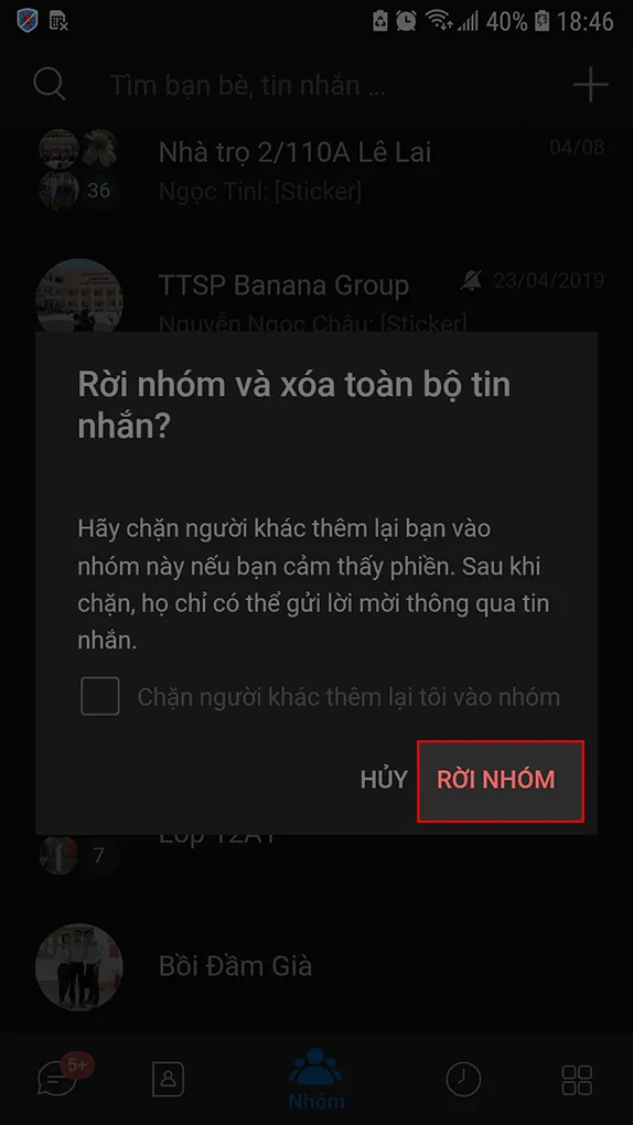Xác nhận rời nhóm Zalo trên điện thoại