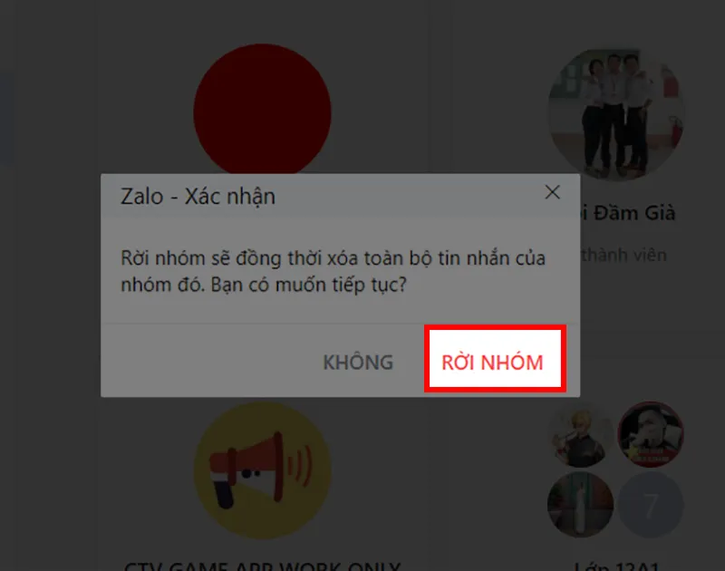 Hộp thoại xác nhận cách rời nhóm Zalo trên máy tính và tùy chọn chặn thêm lại
