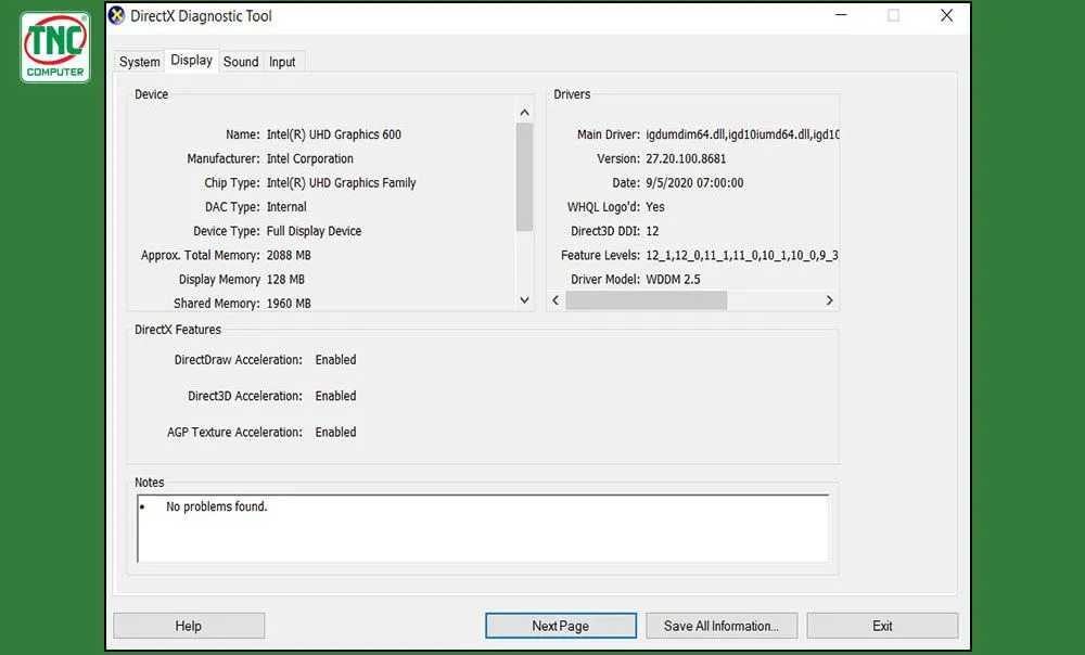Tab Display của dxdiag cung cấp thông số card màn hình (VGA) và bộ nhớ VRAM chi tiết trên hệ thống Win 10.