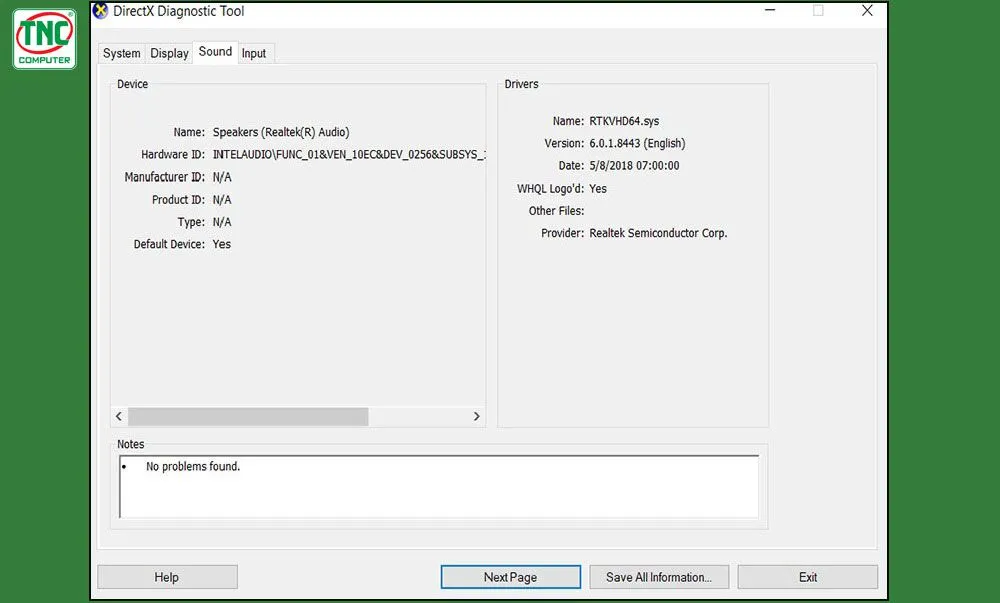 Thông tin về các thiết bị âm thanh (Sound) được kết nối với máy tính trong công cụ dxdiag.
