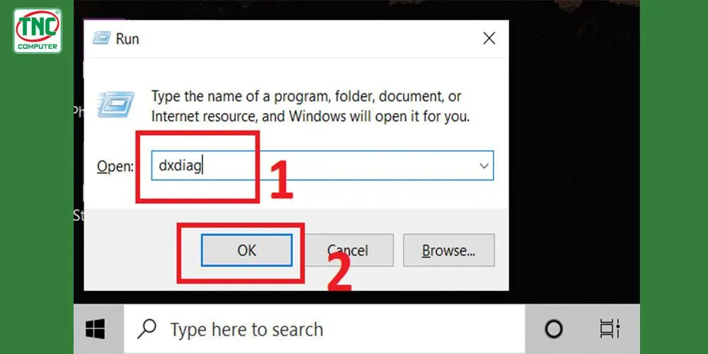 Hộp thoại Run, gõ lệnh dxdiag để mở công cụ chẩn đoán DirectX, một trong những cách kiểm tra cấu hình máy tính Win 10.
