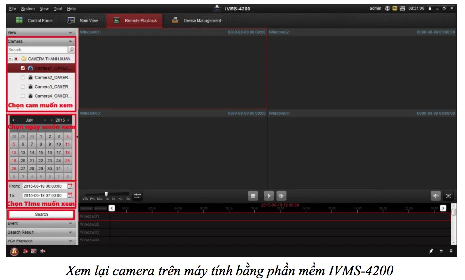 Giao diện phần mềm IVMS-4200 hiển thị các tùy chọn tìm kiếm và phát lại camera HIKVision