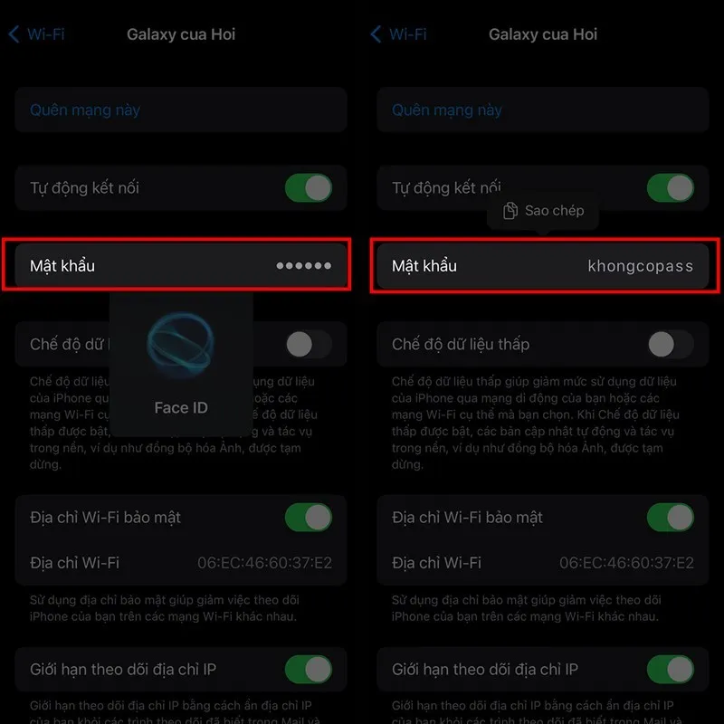 Mật khẩu sẽ được hiển thị sau khi điện thoại đã xác nhận bằng Face ID